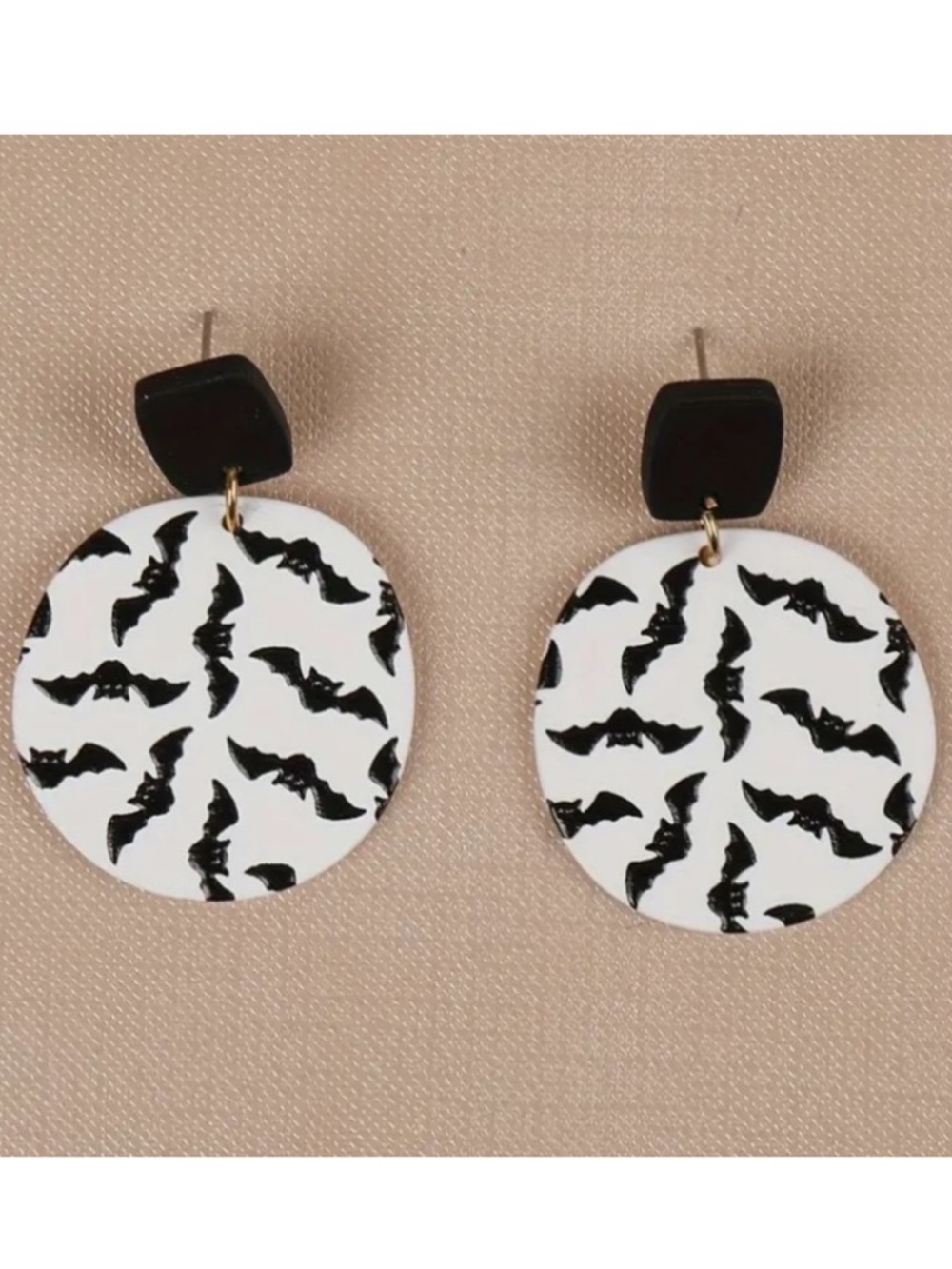 Black & White Bats Halloween Circular Stud Earrings